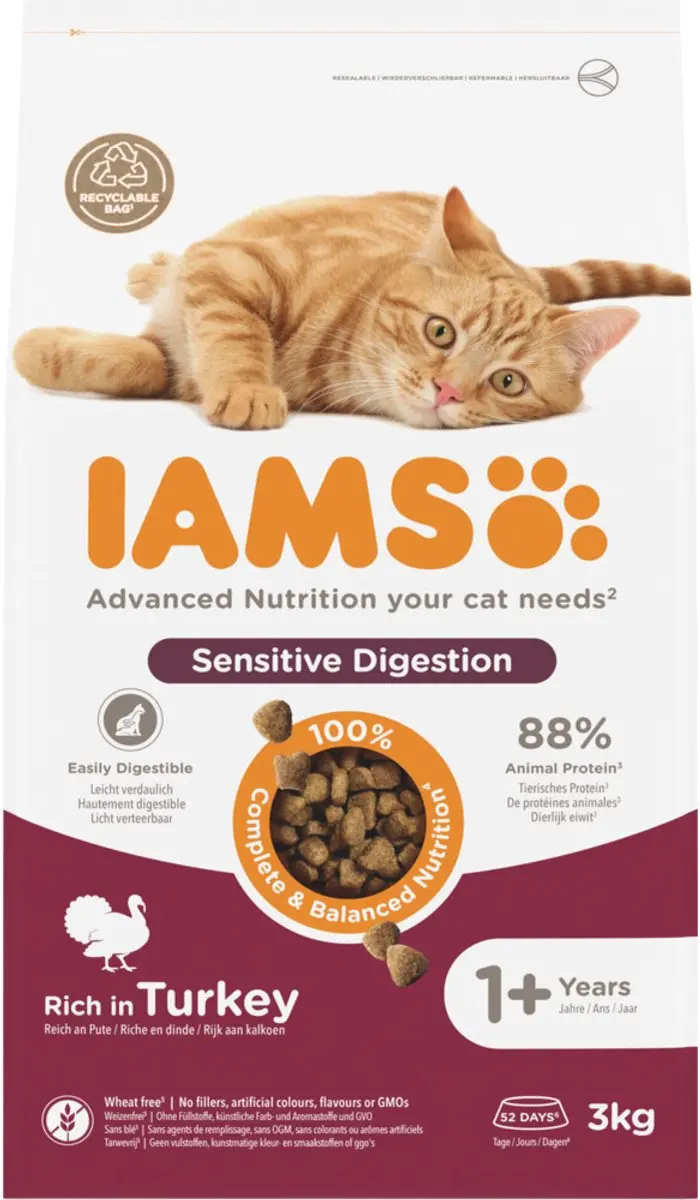Iams Cat Adult Sensitive Digestion Kalkoen 3x3kg