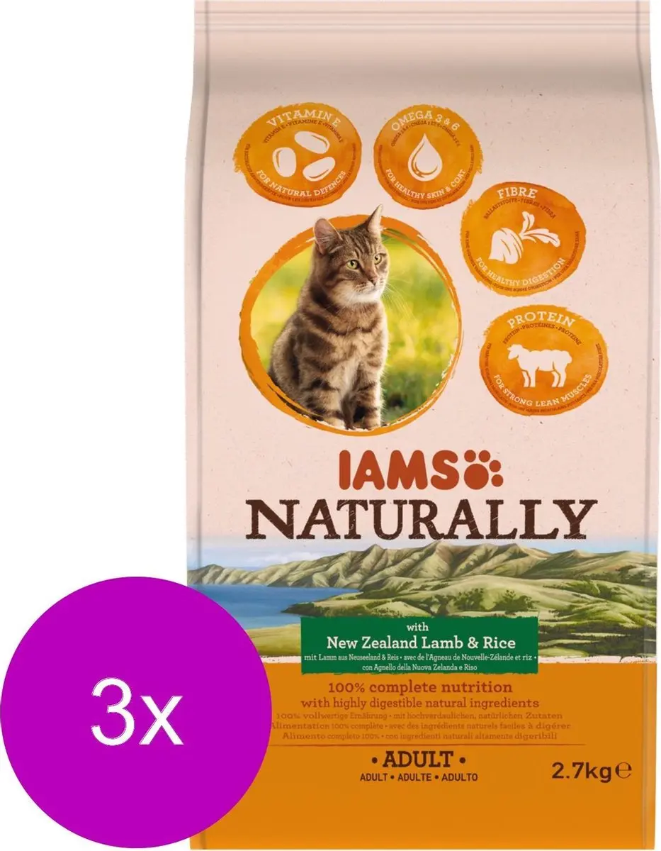 Iams Naturally Cat Adult Lam & Rijst Kattenvoer - 3x2,7kg