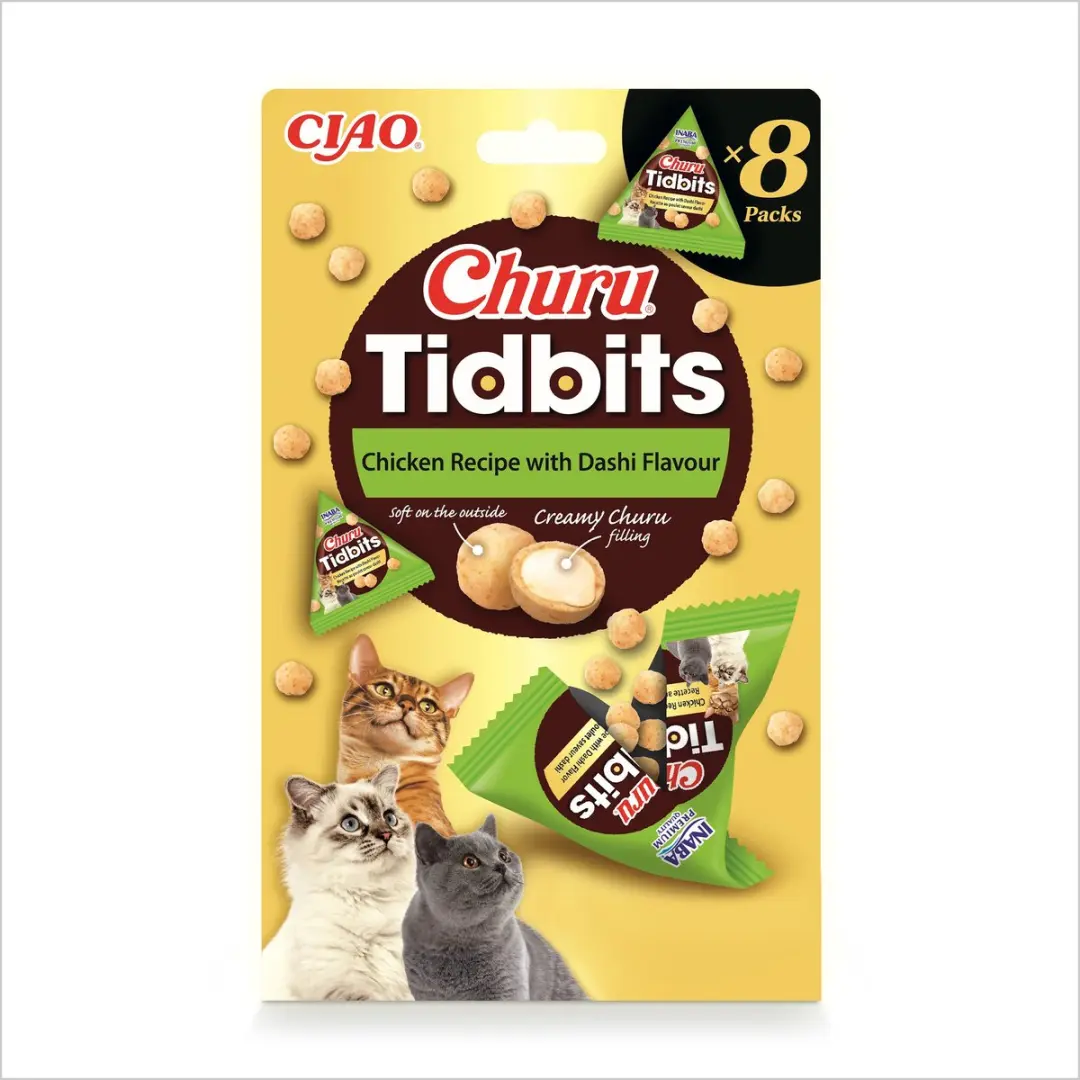 Inaba Ciao Churu Tidbits Sappige Brokjes Kattensnack Kip Dashi variëteiten 8x12