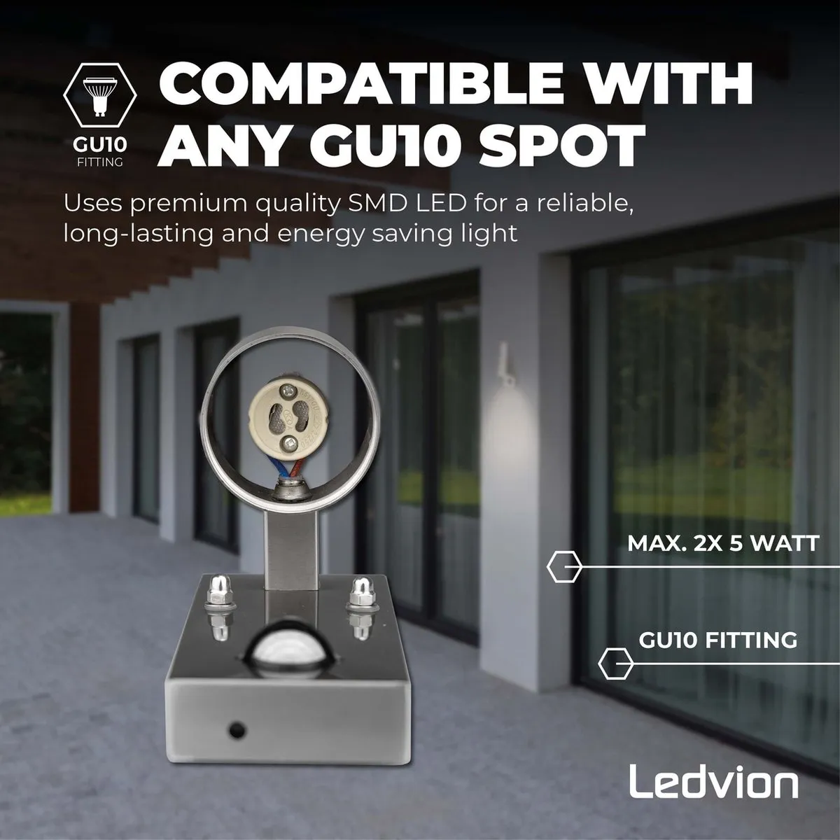 Ledvion LED Wandlamp met Sensor GU10 IP44 - 2x5W - Grijs RVS - afbeelding 6 van 6