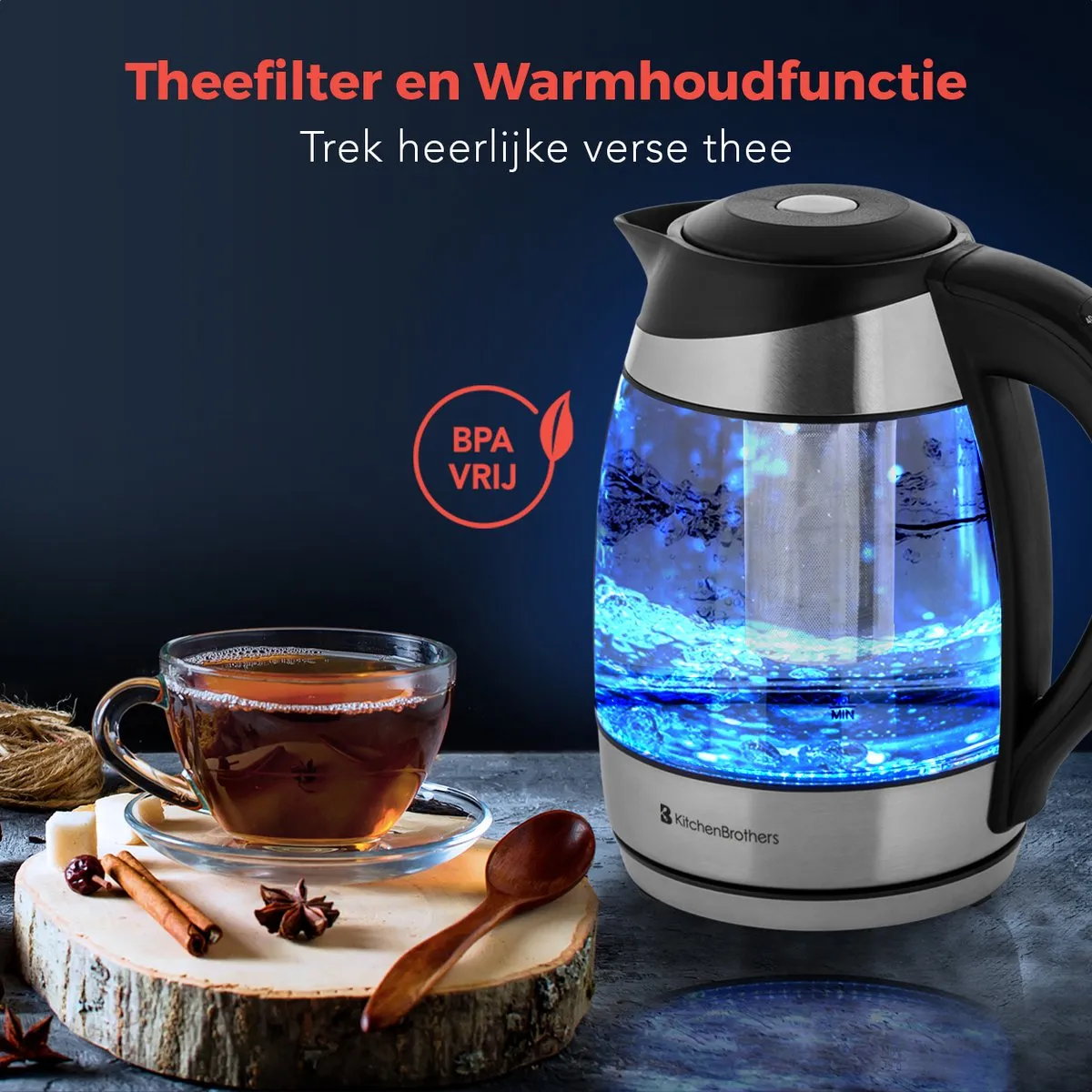 KitchenBrothers KB721 Waterkoker 2200W - 1,8L Glas - Temperatuurregeling