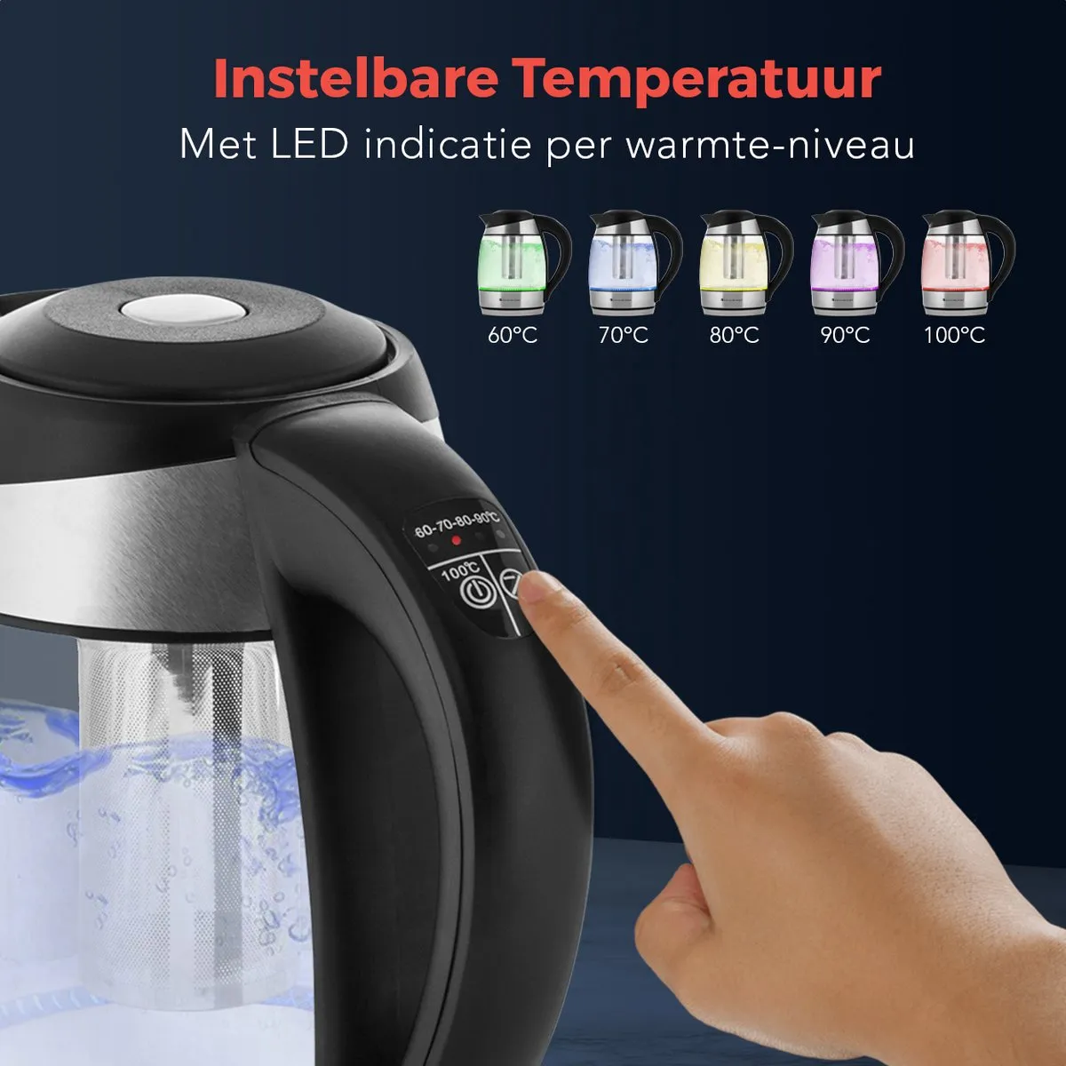 KitchenBrothers KB721 Waterkoker 2200W - 1,8L Glas - Temperatuurregeling