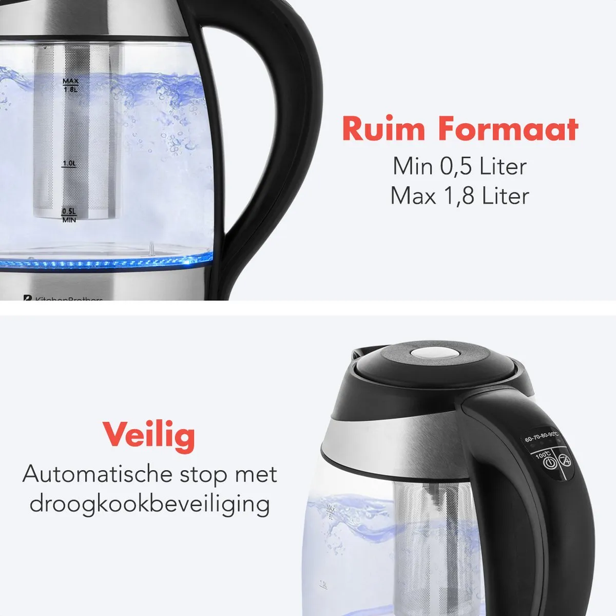 KitchenBrothers KB721 Waterkoker 2200W - 1,8L Glas - Temperatuurregeling