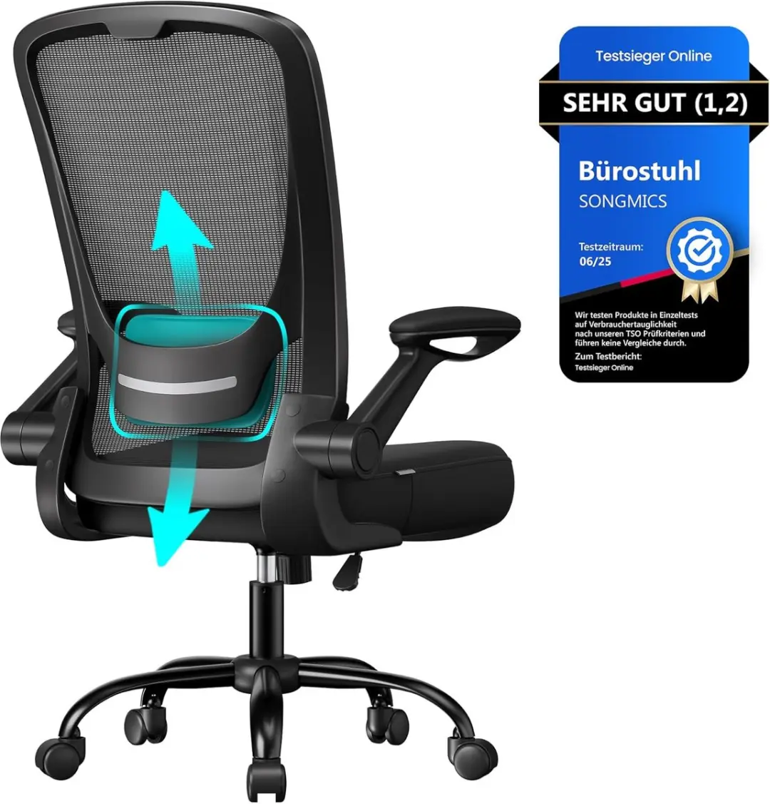 SONGMICS OBN37BK Bureaustoel, draaistoel met mesh bekleding, ergonomisch, gewatt