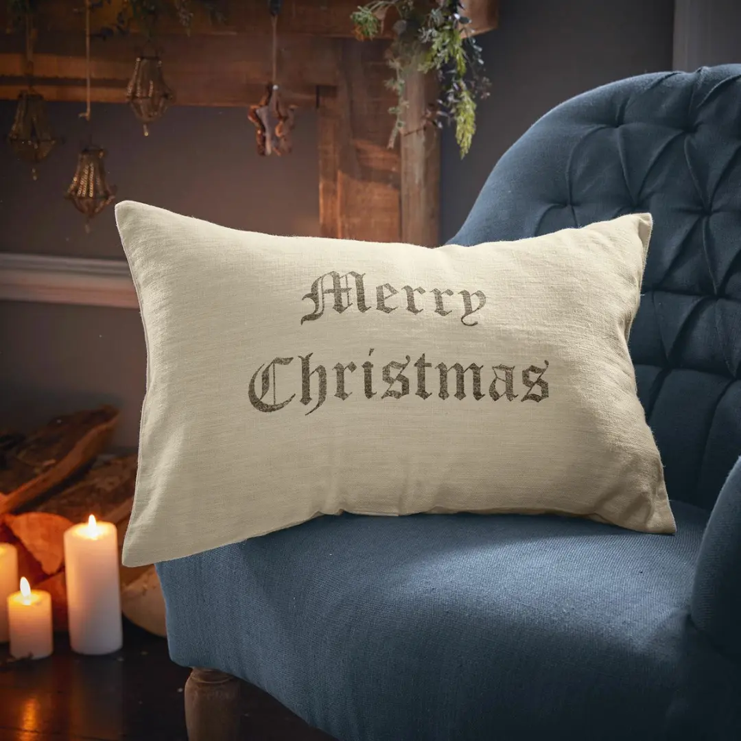 Loberon Kussenhoes Merry Christmas - crème/grijs - afbeelding 5 van 5