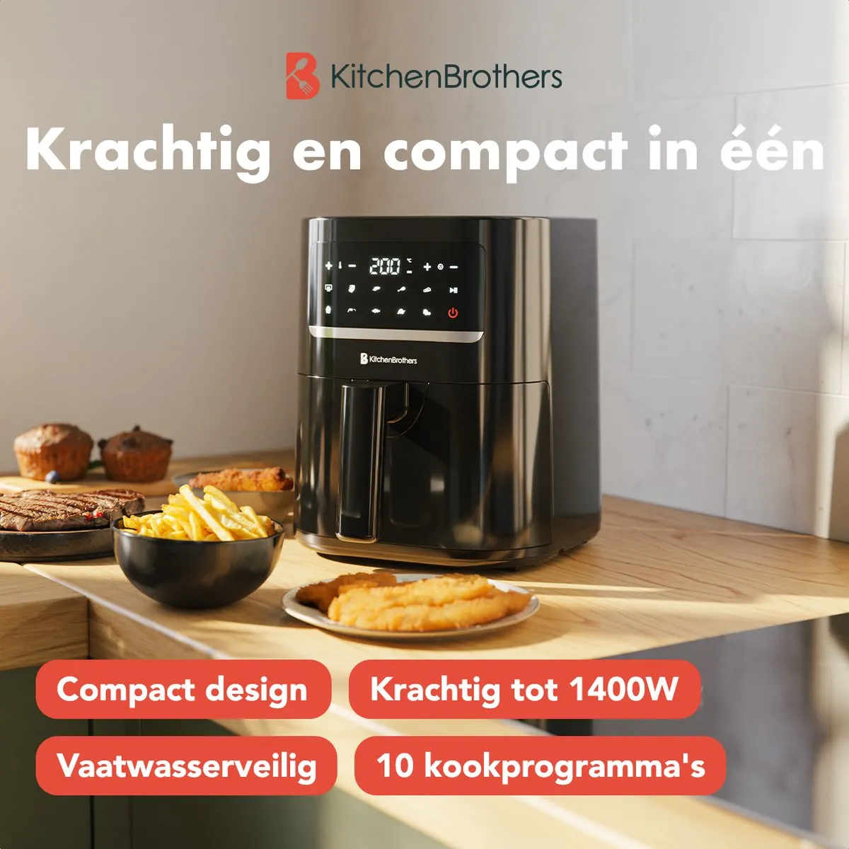 KitchenBrothers Mini Airfryer 1400W 3,3L - 10 Programma's - Zwart