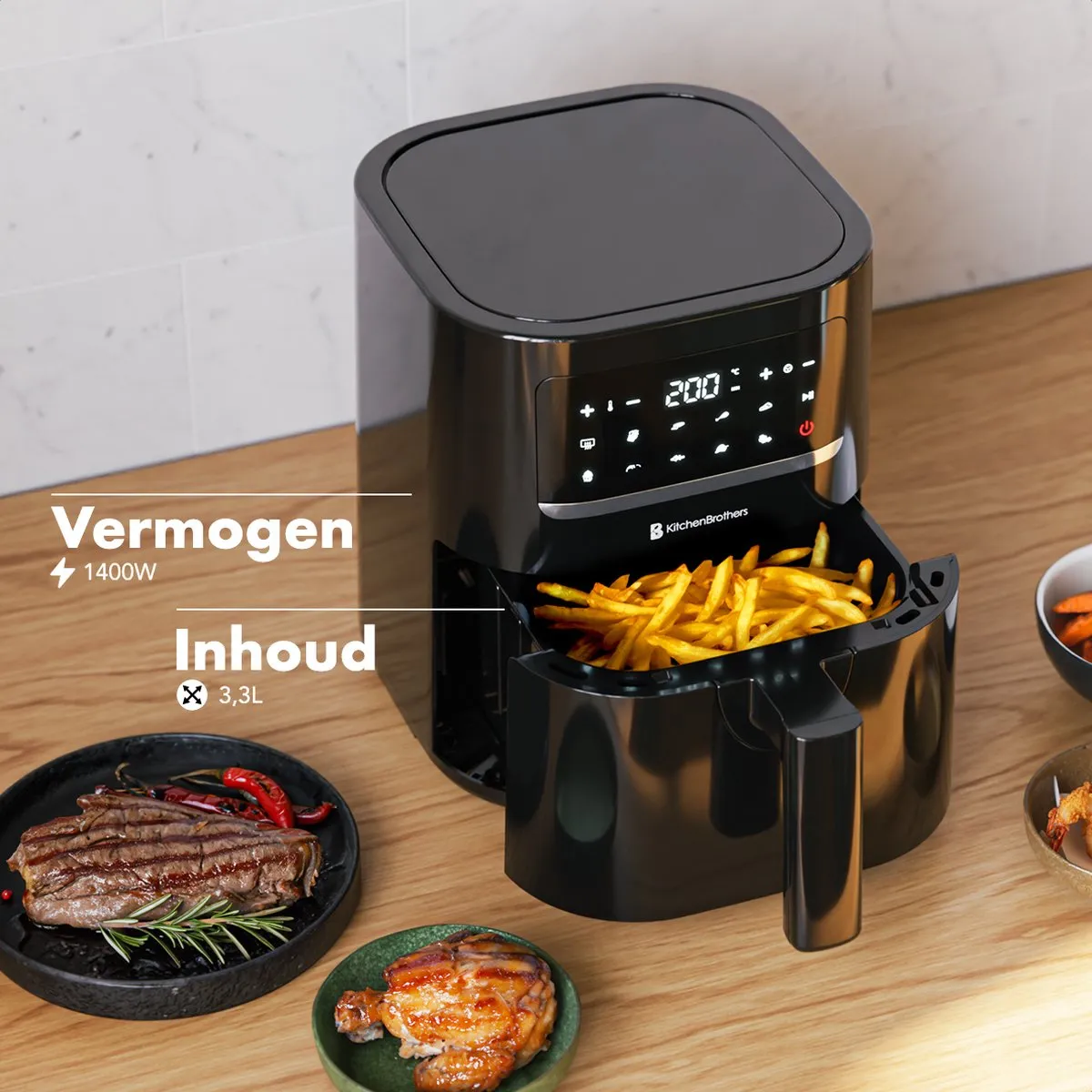KitchenBrothers Mini Airfryer 1400W 3,3L - 10 Programma's - Zwart