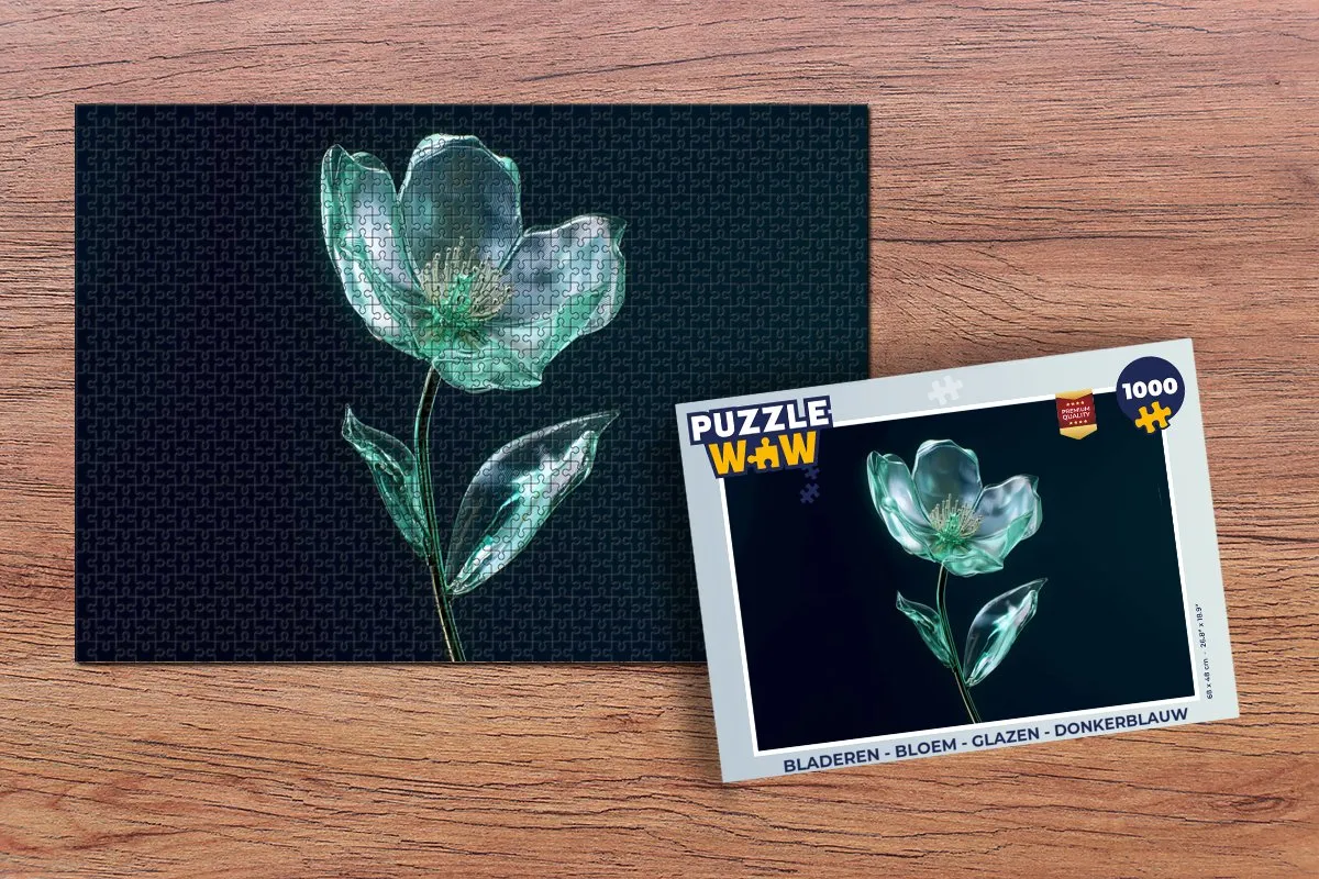 PuzzleWow Legpuzzel 1000 Stuks - Bladeren Bloem Glazen - Donkerblauw