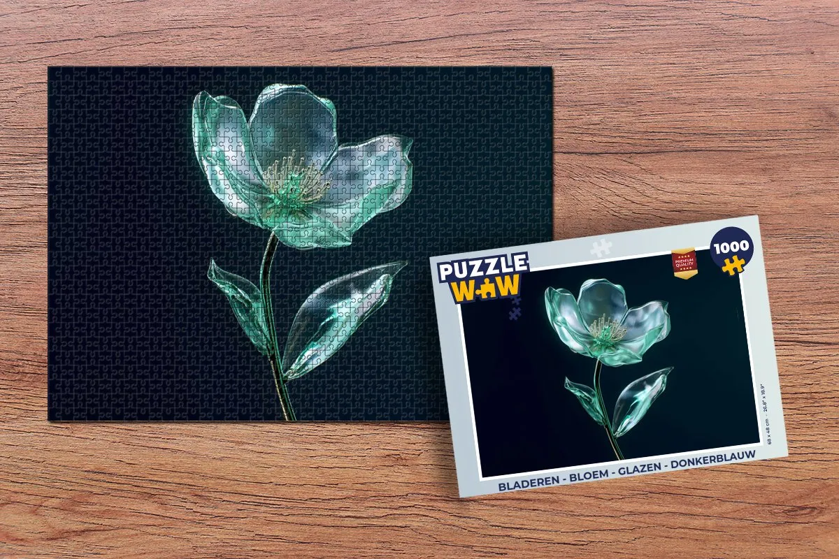 PuzzleWow Legpuzzel 1000 Stuks - Bladeren Bloem Glazen - Donkerblauw