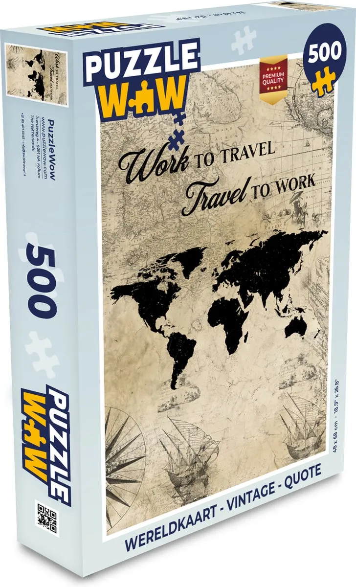 PuzzleWow Wereldkaart Vintage Quote Legpuzzel 500 Stuks - Multicolor