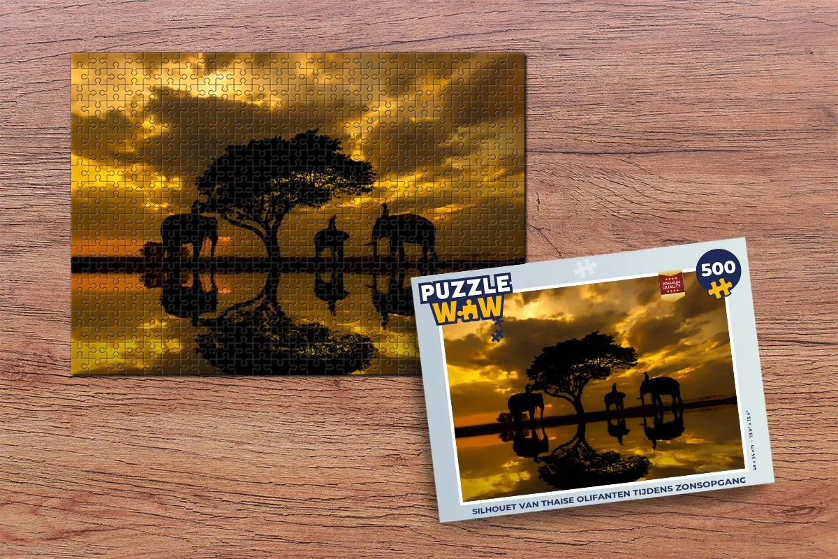 PuzzleWow Thaise Olifanten Zonsopgang Legpuzzel 500 Stuks - Multicolor