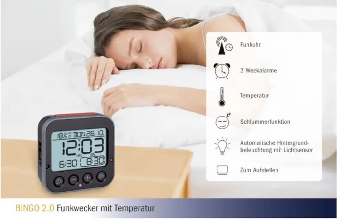 TFA Dostmann Bingo 2.0 Radiogestuurde Wekker - 9cm Zwart/Rood - afbeelding 2 van 5