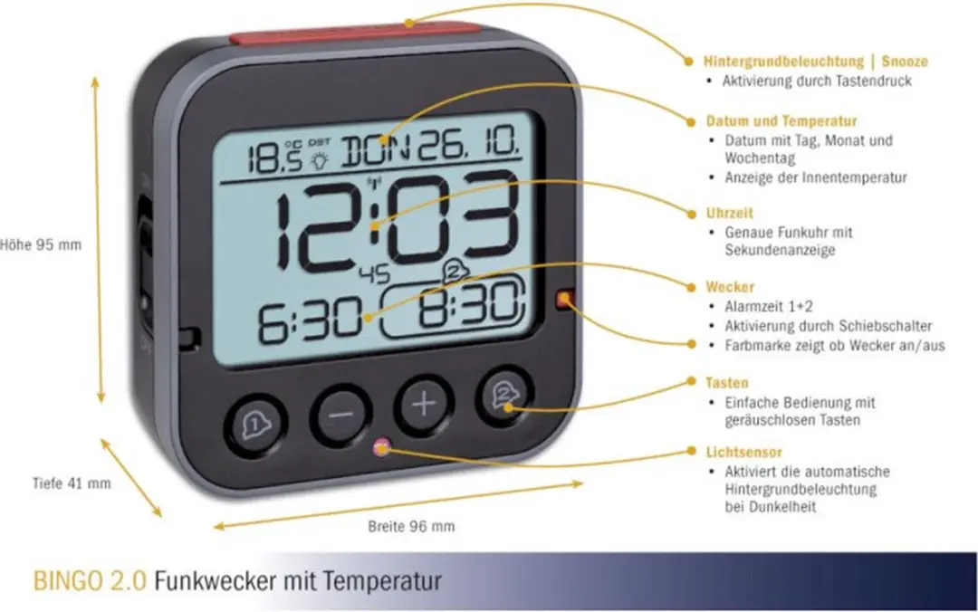 TFA Dostmann Bingo 2.0 Radiogestuurde Wekker - 9cm Zwart/Rood - afbeelding 5 van 5