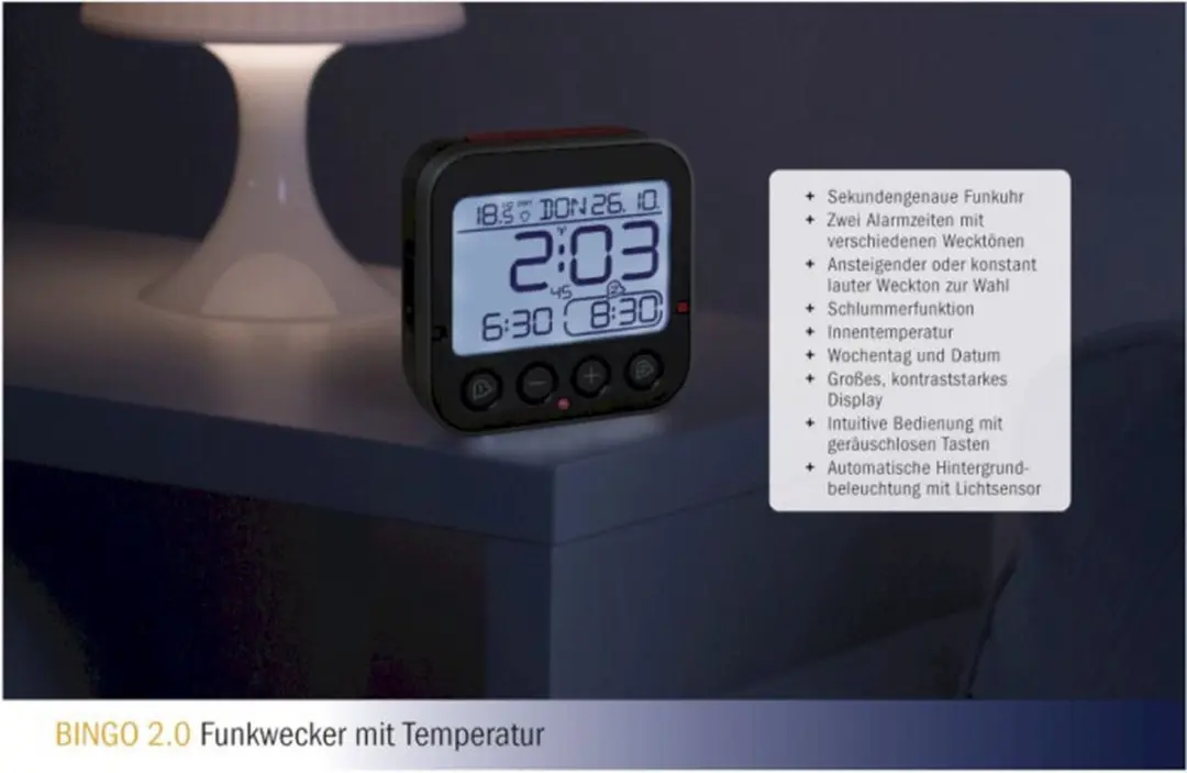 TFA Dostmann Bingo 2.0 Radiogestuurde Wekker - 9cm Zwart/Rood - afbeelding 3 van 5