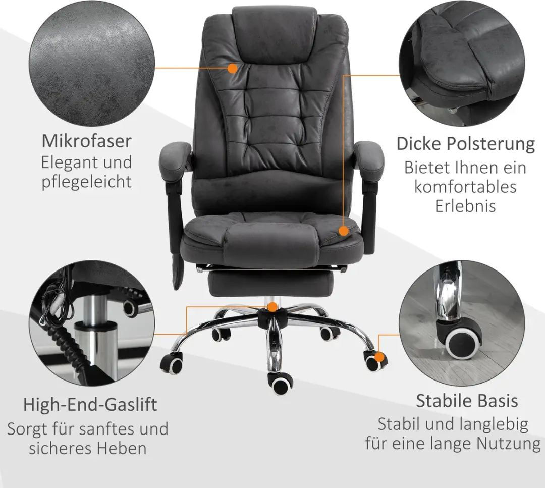 Vinsetto Massagebureau Stoel - 65x70cm - 111-119cm - Donkergrijs - afbeelding 3 van 6