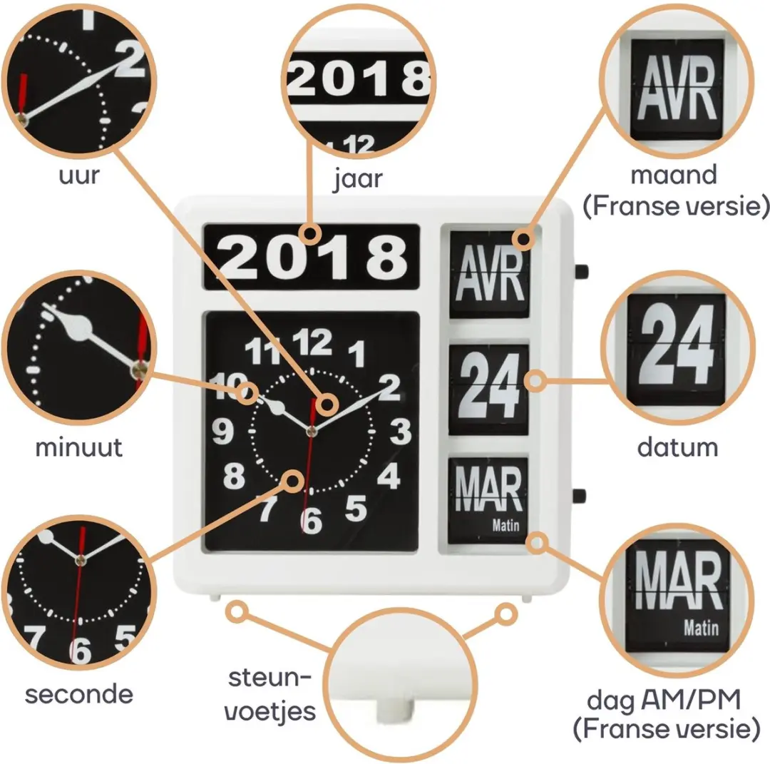 Perel Analoge Kalenderklok 31x31cm - Groot Flip-over Display - Frans Dag/Datum - afbeelding 6 van 6