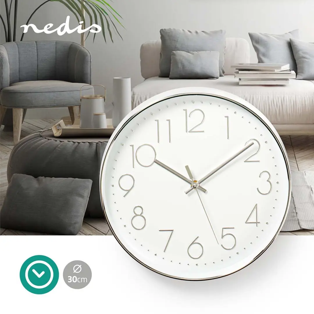 Nedis Wandklok 30cm - Wit/Zilver - afbeelding 4 van 6