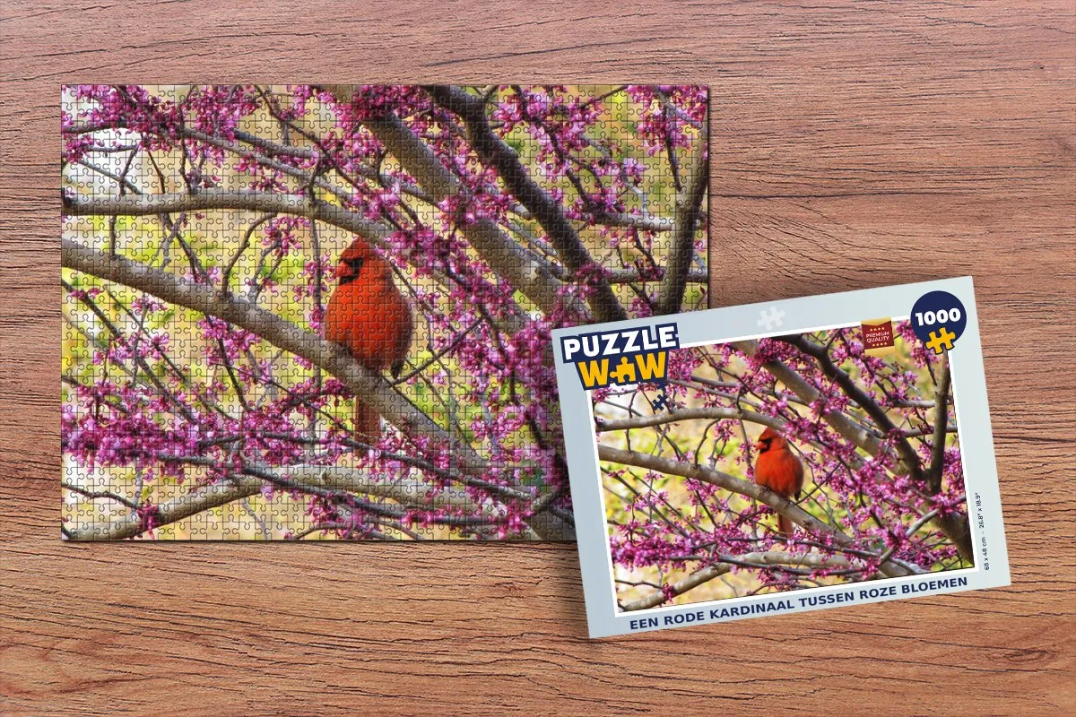 PuzzleWow Legpuzzel Een rode kardinaal tussen roze bloemen 1000 Stuks