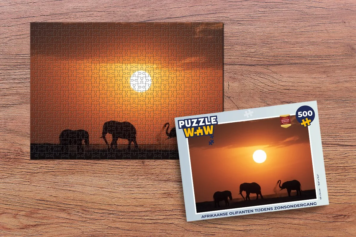 PuzzleWow Afrikaanse Olifanten Zonsondergang Legpuzzel 500 Stuks - Multicolor
