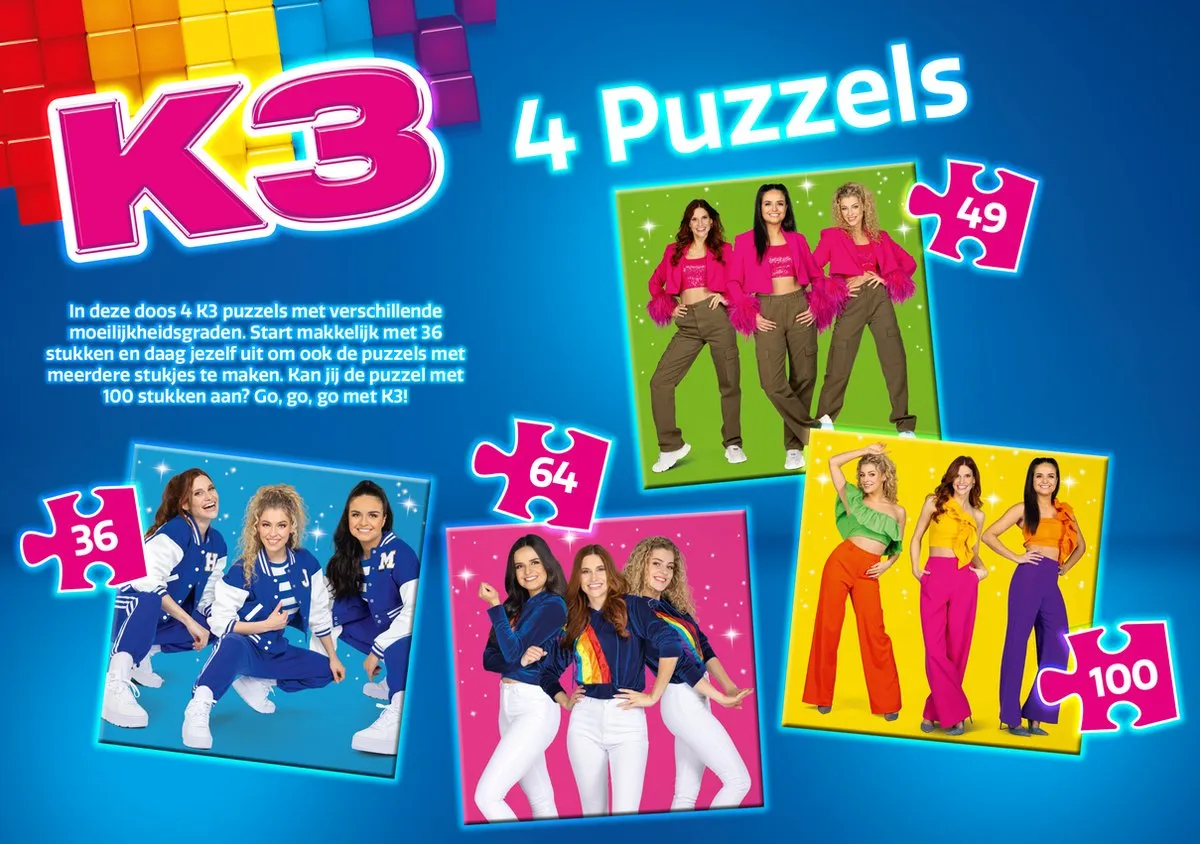 K3 Sterretjes 4-in-1 Puzzel - 36/49/64 Stukjes - Multicolor