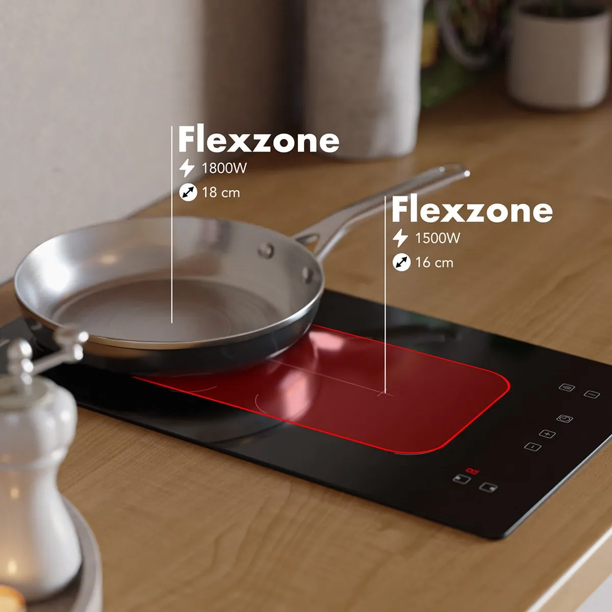 KitchenBrothers Inductie Kookplaat - Inbouw Inductieplaat - 30 cm - 2 Zones - 1x Flexzone - 1 Fase - Tot 3300W - Zwart