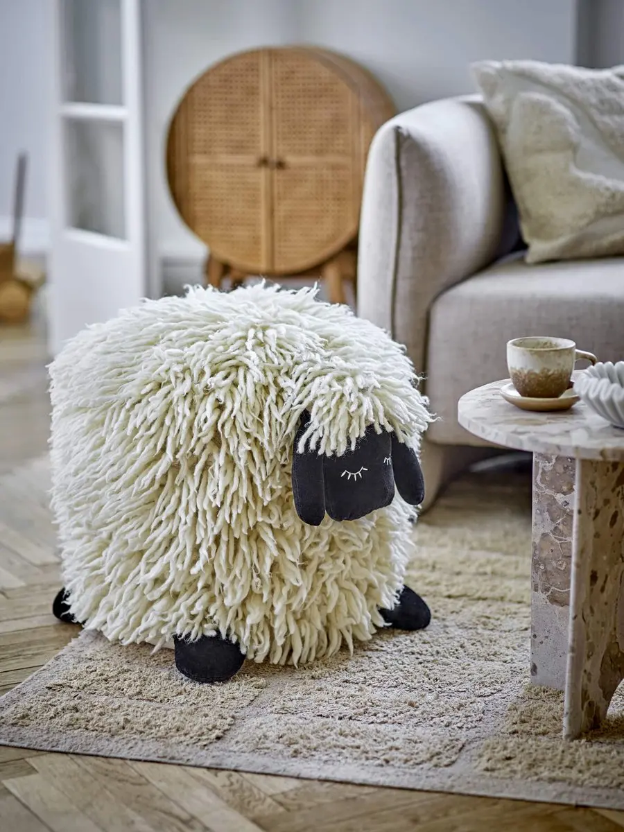 Bloomingville Poef Dolly Schaap - Wit/Zwart - afbeelding 4 van 4