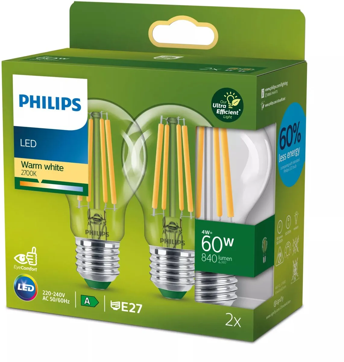 Philips LED Transparante Lamp 4W E27 Warmwit
