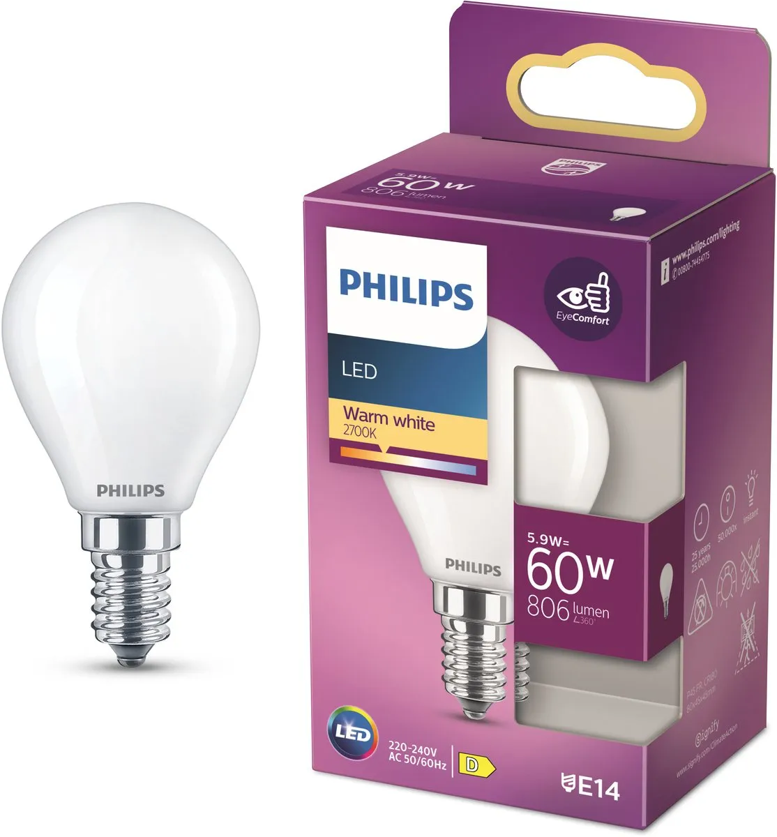 Philips LED Kogellamp E14 6,5W Warmwit Mat