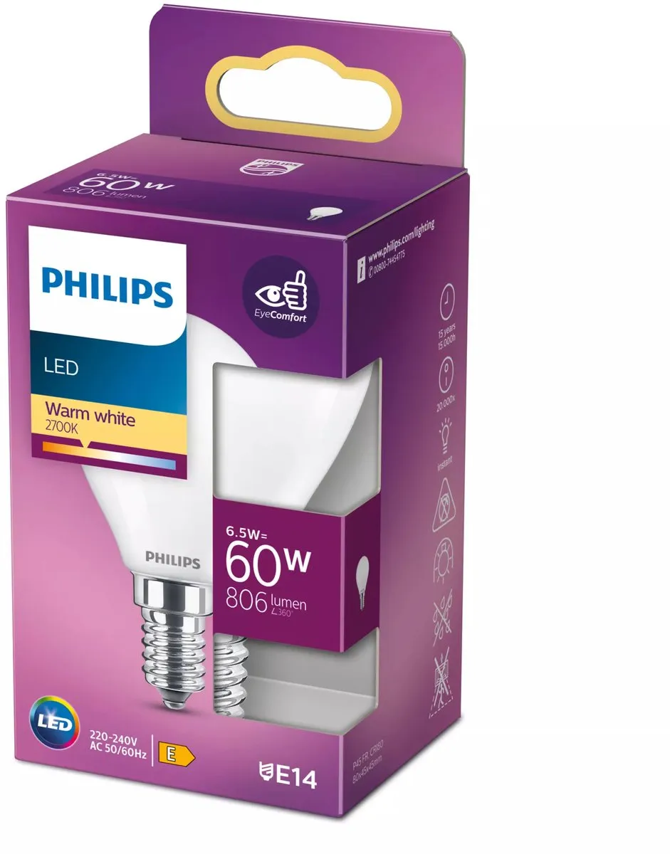 Philips LED Kogellamp E14 6,5W Warmwit Mat