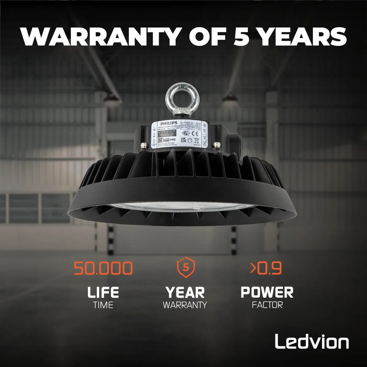 Ledvion LED High Bay 150W 6500K - 185lm/W IP65 Zwart - afbeelding 6 van 6