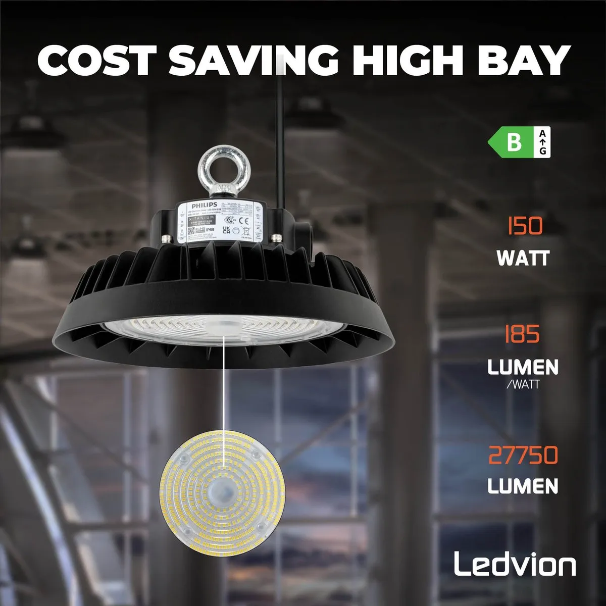 Ledvion LED High Bay 150W 6500K - 185lm/W IP65 Zwart