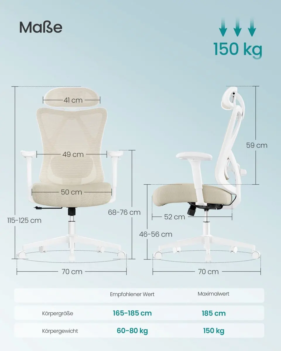 Songmics Bureaustoel - Verstelbare lenden- en hoofdsteun - Cappuccino Beige - afbeelding 3 van 6
