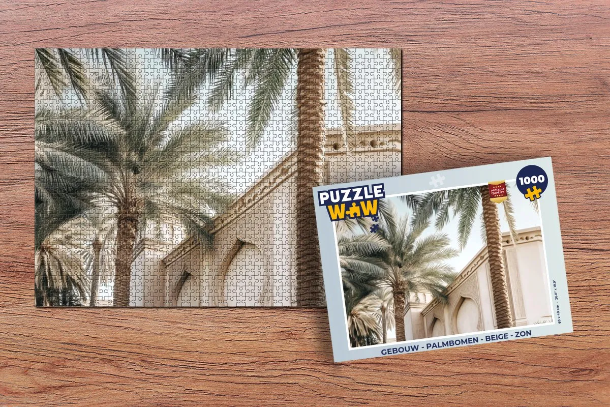 PuzzleWow Legpuzzel Gebouw met Palmbomen 1000 Stuks - Beige