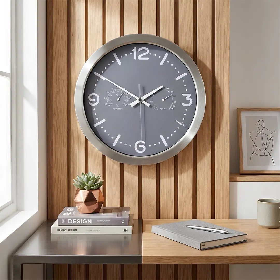 Nedis Wandklok CLWA5226SS - 30cm - Thermometer Hygrometer - Grijs - afbeelding 4 van 6