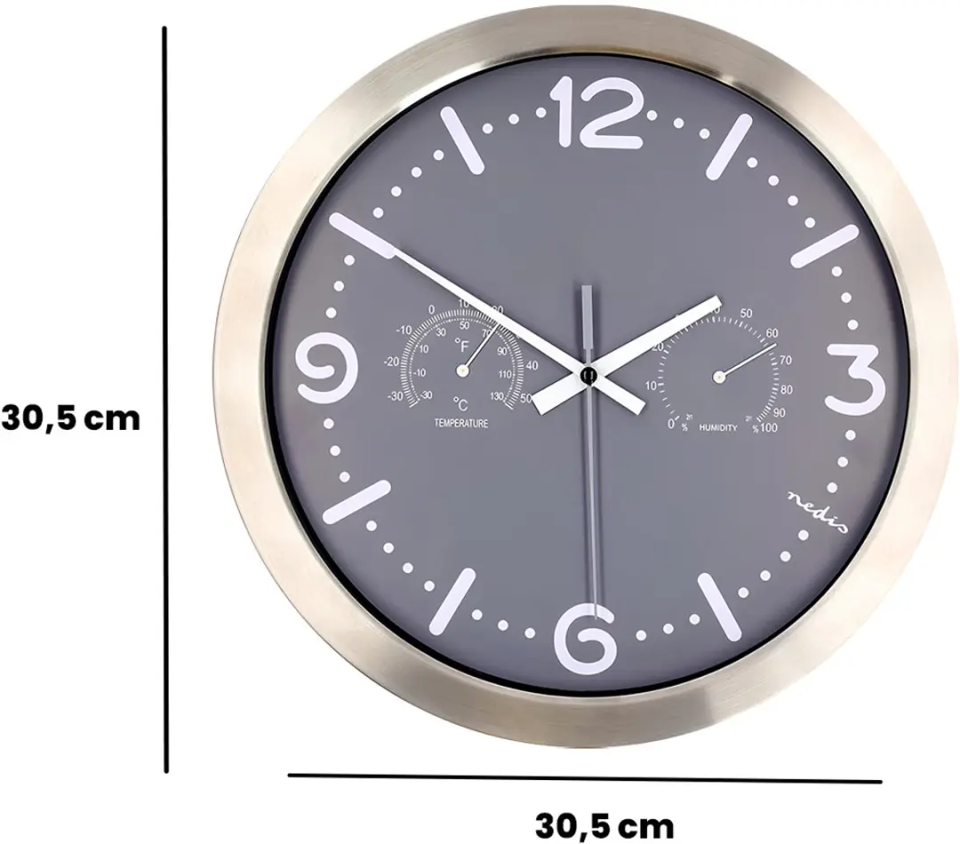 Nedis Wandklok CLWA5226SS - 30cm - Thermometer Hygrometer - Grijs - afbeelding 6 van 6