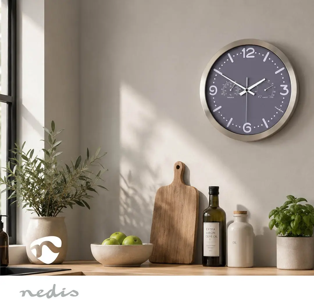 Nedis Wandklok CLWA5226SS - 30cm - Thermometer Hygrometer - Grijs - afbeelding 3 van 6