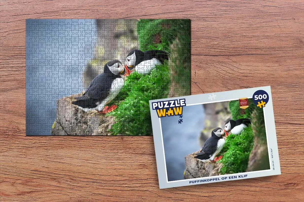 PuzzleWow Puzzel Puffinkoppel op een klif - 500 Stukjes - Multicolor