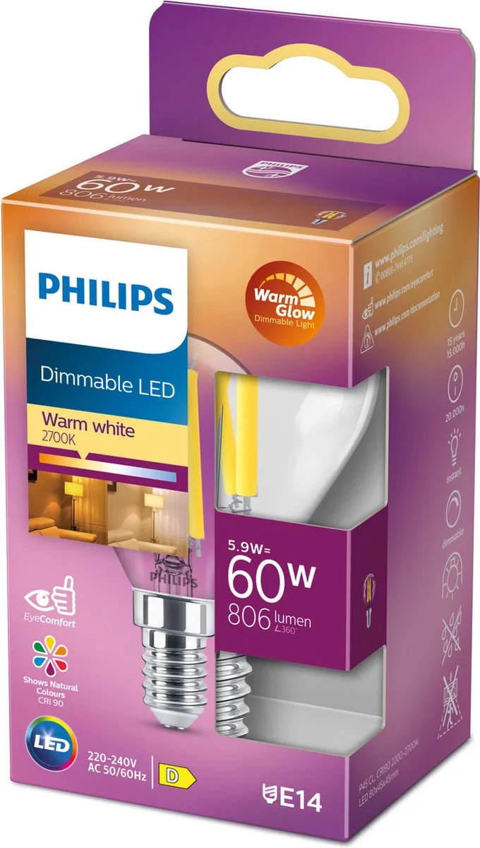 Philips LED Kogellamp Transparant 60W E14