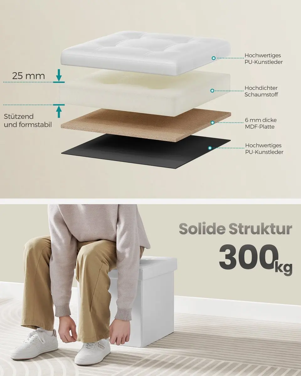 Songmics Ottomaanse Poef - 38cm - Kunstleer - Inktzwart/Wolkenwit - afbeelding 3 van 6
