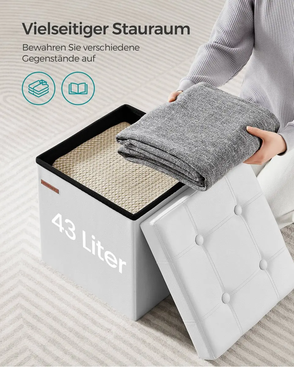 Songmics Ottomaanse Poef - 38cm - Kunstleer - Inktzwart/Wolkenwit - afbeelding 4 van 6