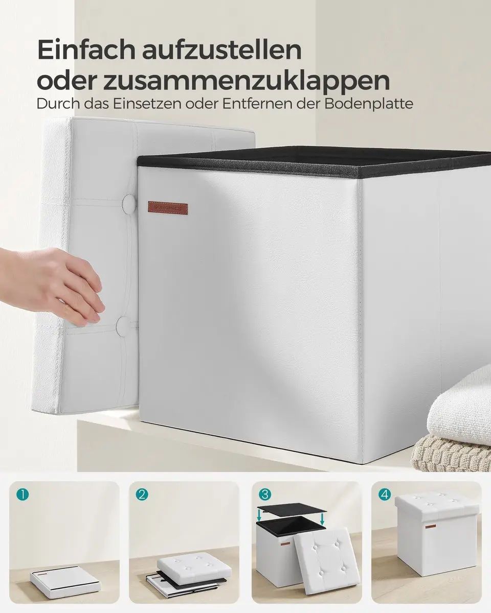 Songmics Ottomaanse Poef - 38cm - Kunstleer - Inktzwart/Wolkenwit - afbeelding 6 van 6