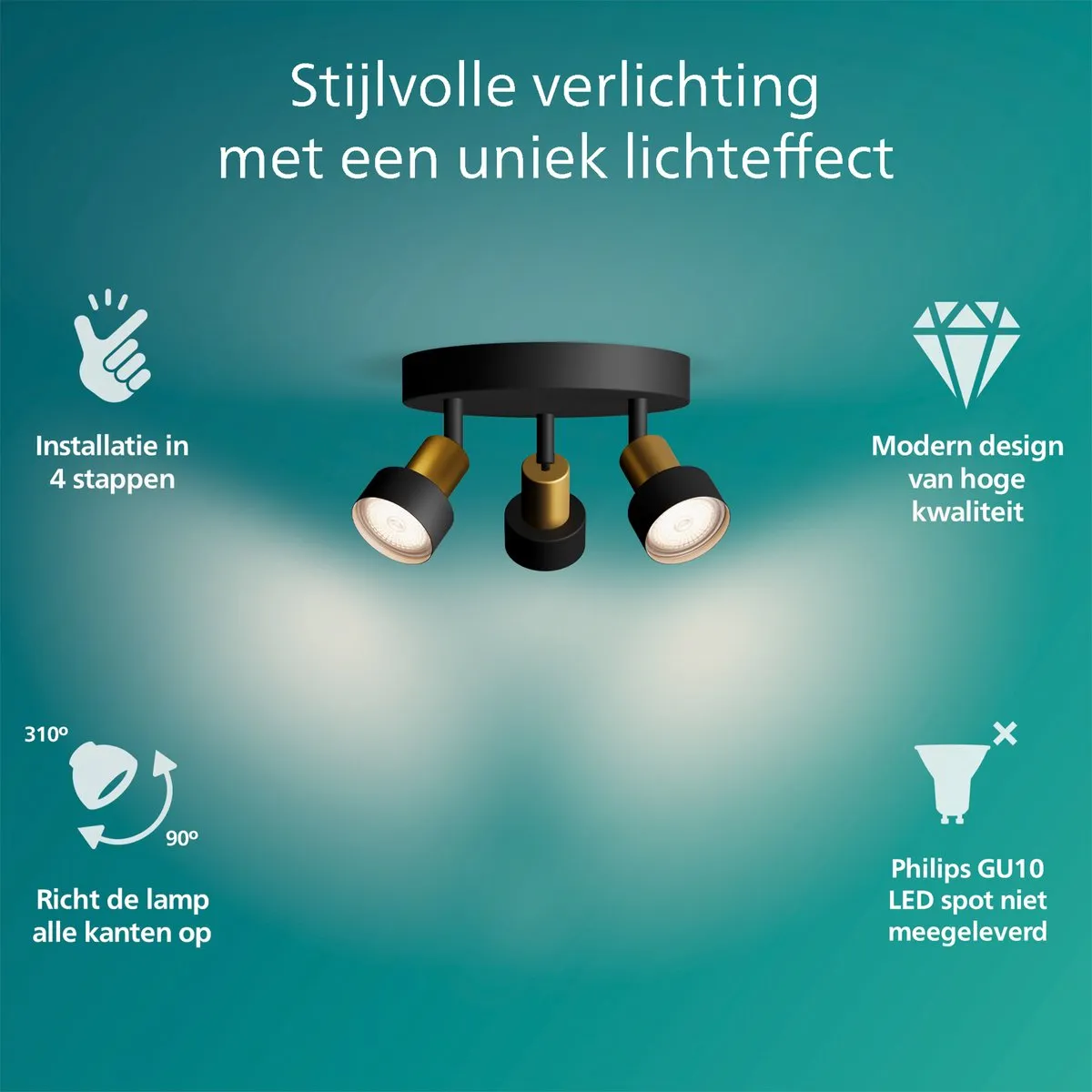 Philips Conduit Spot Plafondspot 3x GU10 - Zwart/Messing