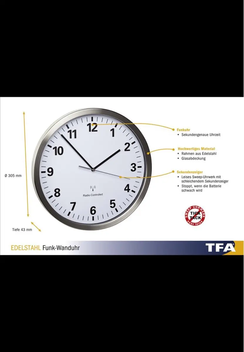 TFA Dostmann Radiografische Wandklok 3,05cm - Wit/RVS - afbeelding 2 van 6