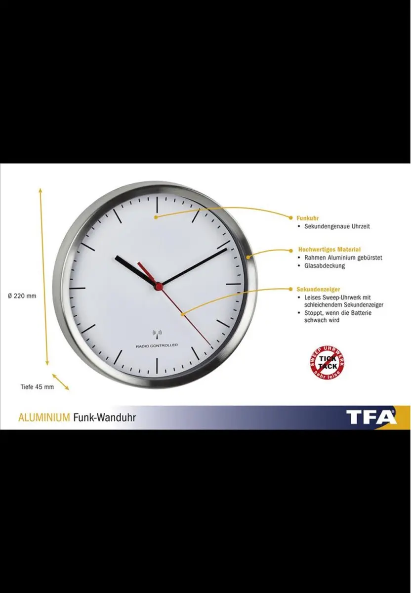 TFA Dostmann Wandklok 60.3530.02 - Zendergestuurd - 22x4,5cm - Aluminium/Wit - afbeelding 6 van 6