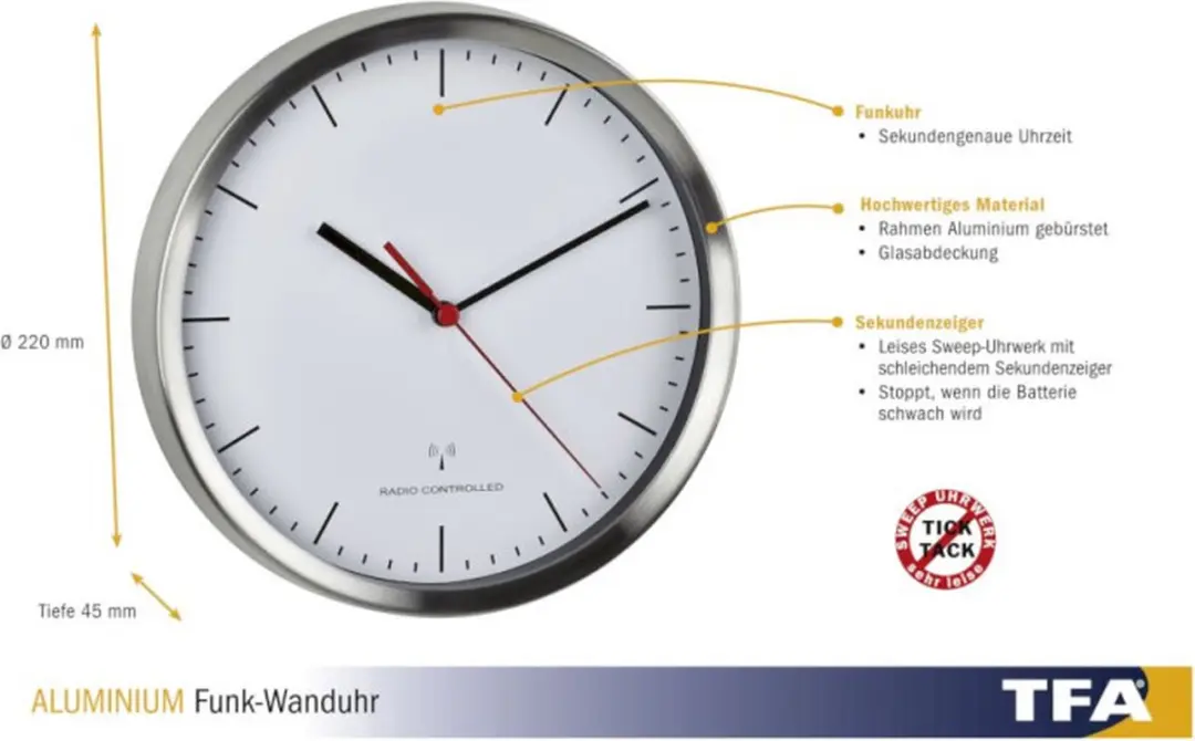 TFA Dostmann Wandklok 60.3530.02 - Zendergestuurd - 22x4,5cm - Aluminium/Wit - afbeelding 5 van 6