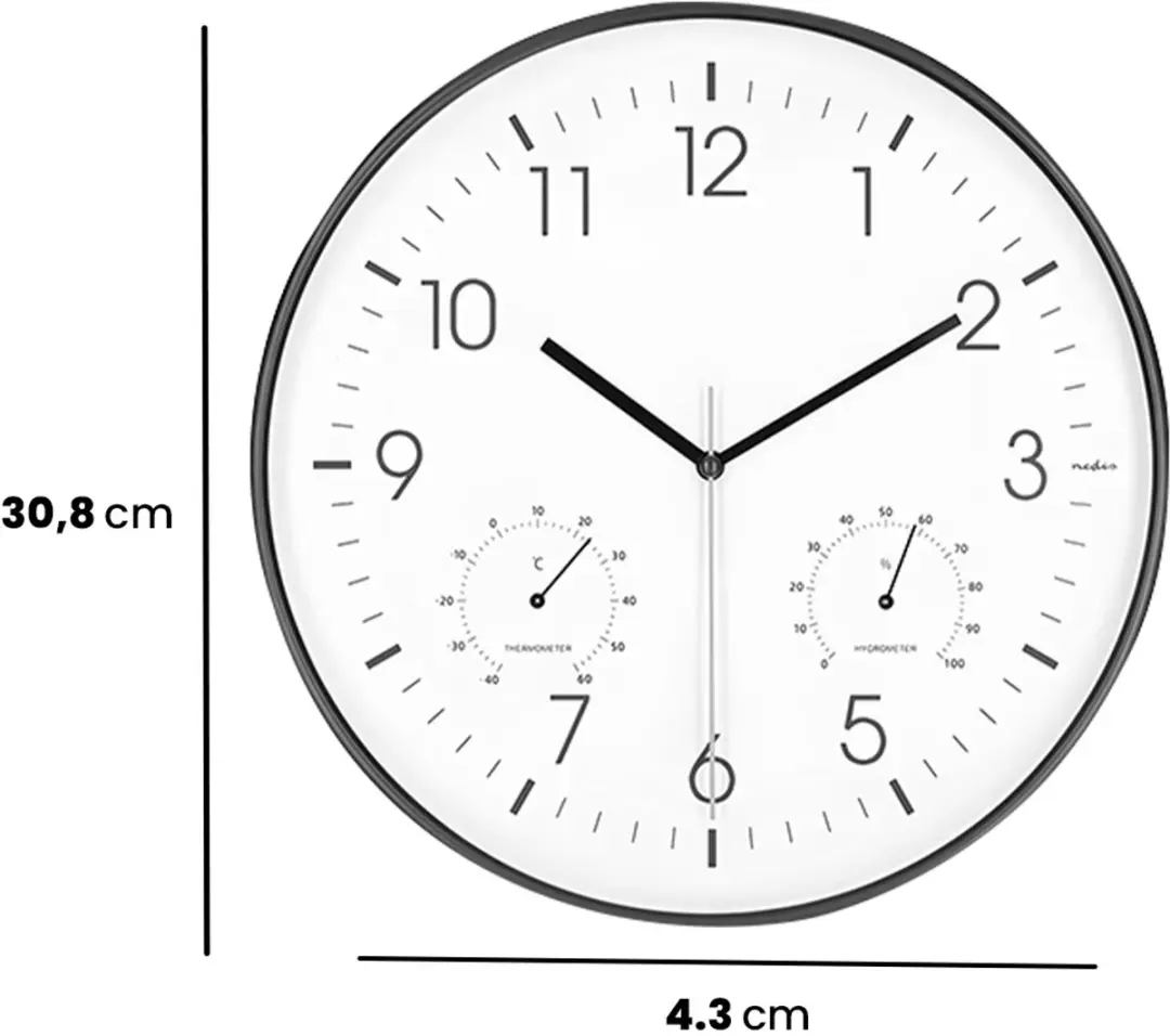 Nedis Wandklok 30cm - Thermometer & Hygrometer - Wit/Zwart - afbeelding 5 van 5
