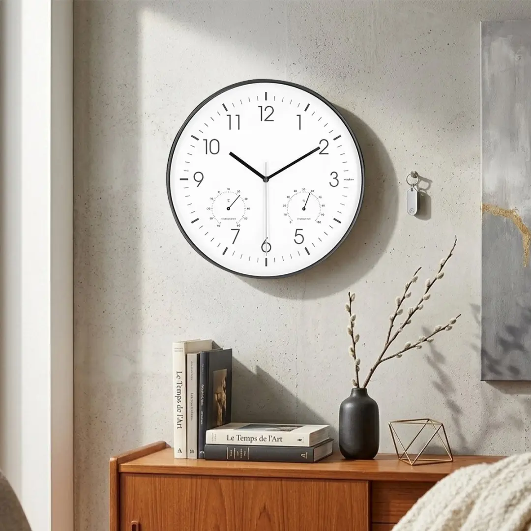 Nedis Wandklok 30cm - Thermometer & Hygrometer - Wit/Zwart - afbeelding 3 van 5
