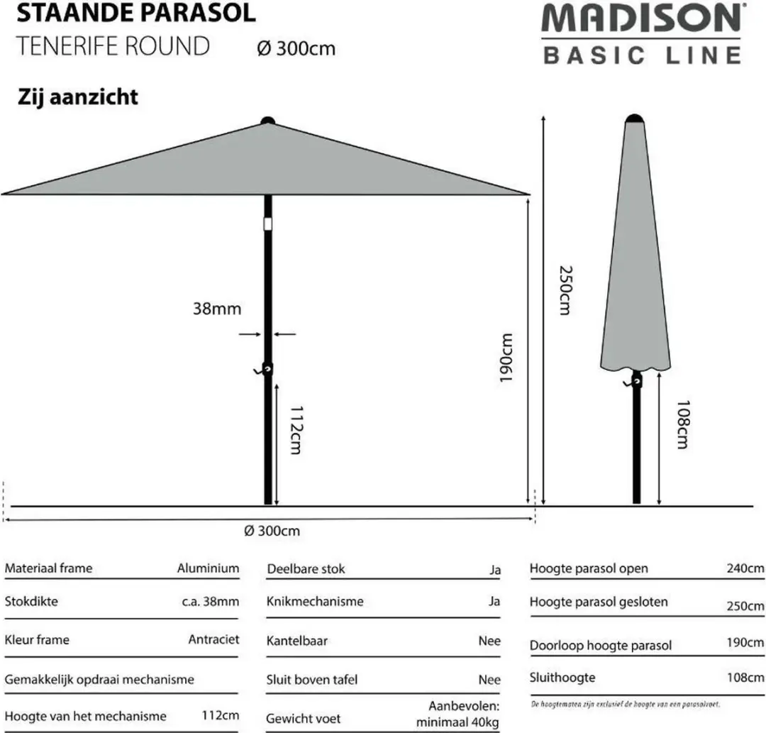 Madison Tenerife Round Parasol 300cm - Grijs - afbeelding 6 van 6