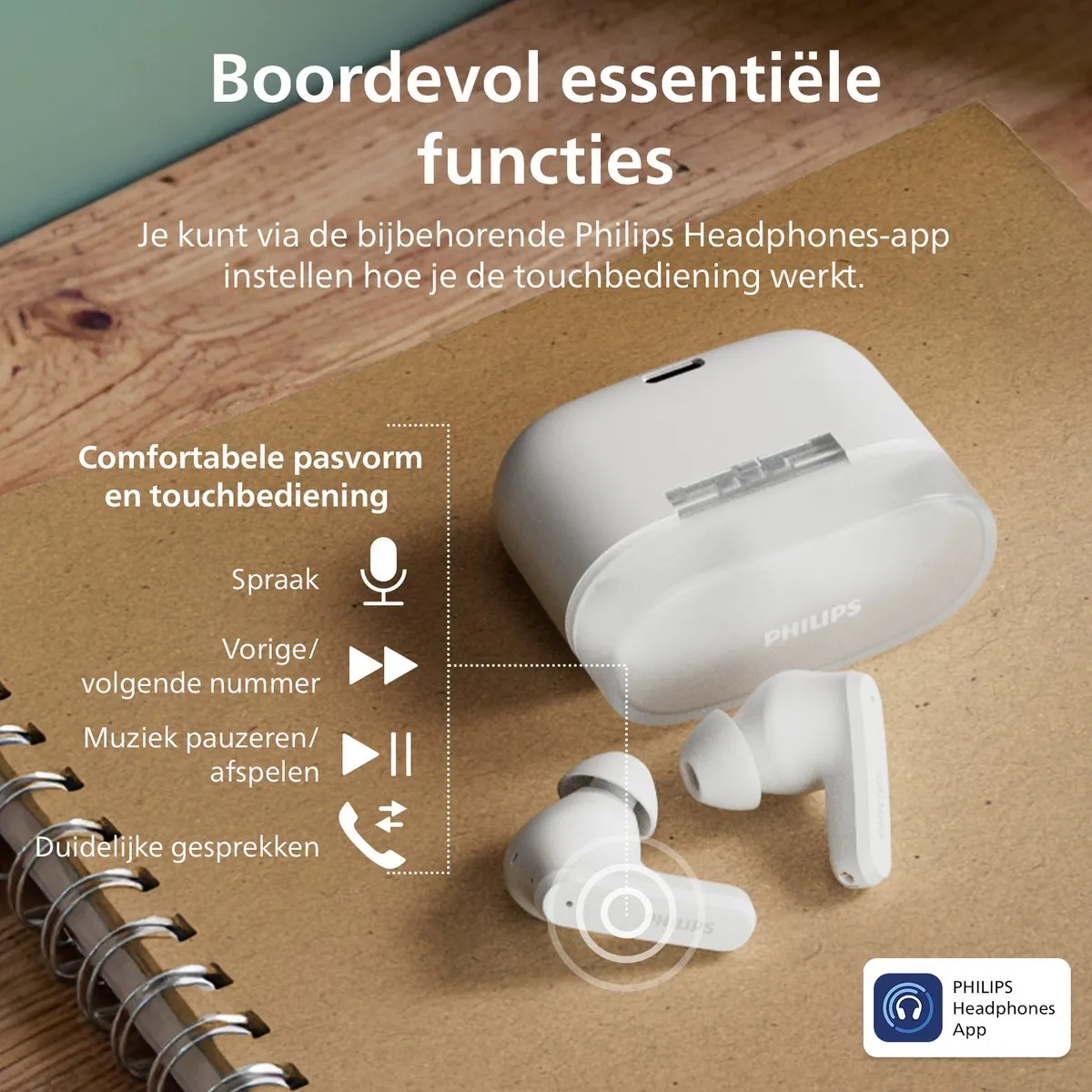 Philips TAT2000 In-Ear Oordopjes - 32u Afspeeltijd - IPX4 - Wit - afbeelding 6 van 6