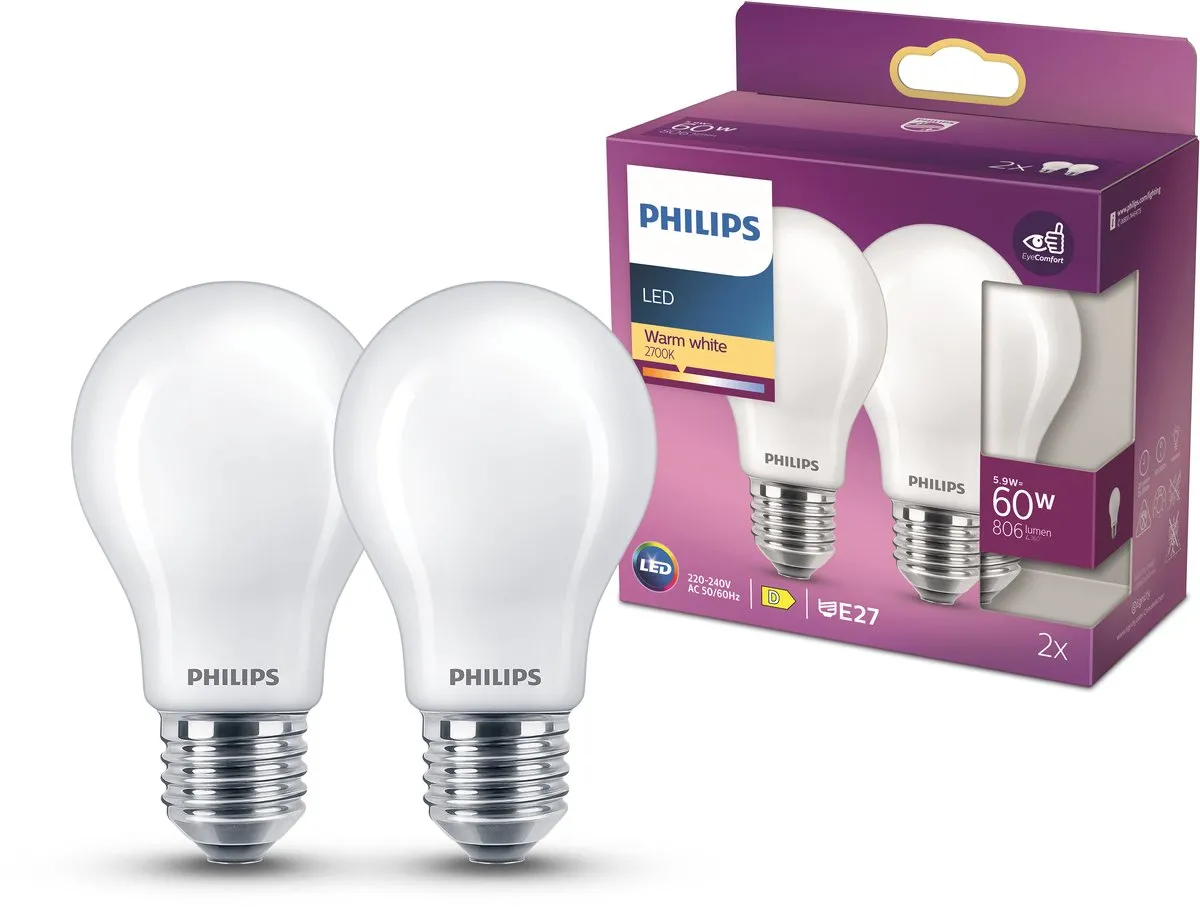 Philips LED E27 Warmwit 7W Mat Glas
